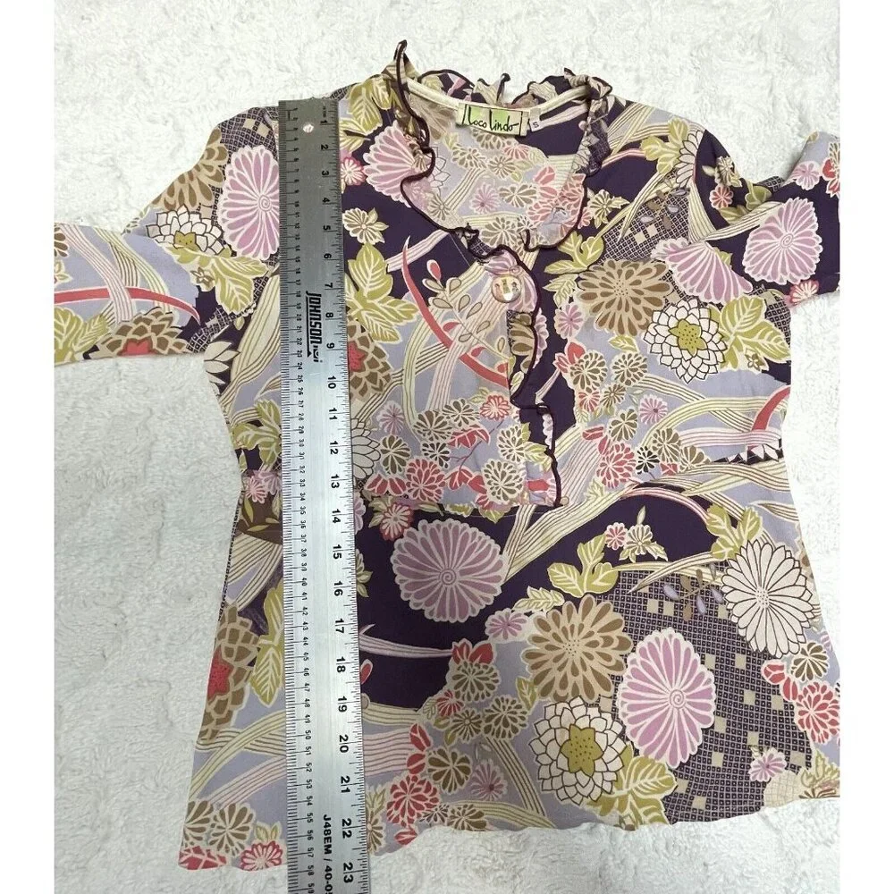 Vintage Loco Lindo Women's Small Ruffle Neck Popover Top Flared Sleeve Blouse - Picture 9 of 10